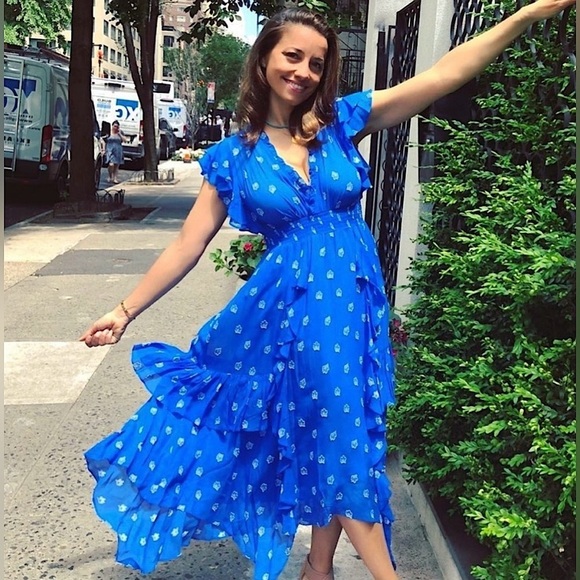 SHOSHANNA Cobalt Floral Embroidered Asymmetric Hem Ruffle Tier Maxi Dress 14 - Picture 1 of 14